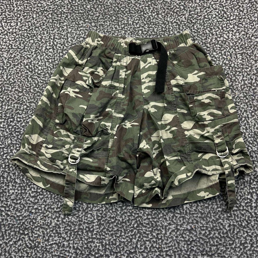 Angelkiss Womens Camo Cargo Shorts Green Camouflage Elastic Waist Belted Size S